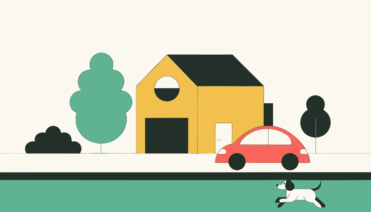 Adjektivdeklination im Deutschen einfach erklärt 2 Illustration: Eine Straße mit einem roten Auto, einem großen Haus und einem kleinen Hund.