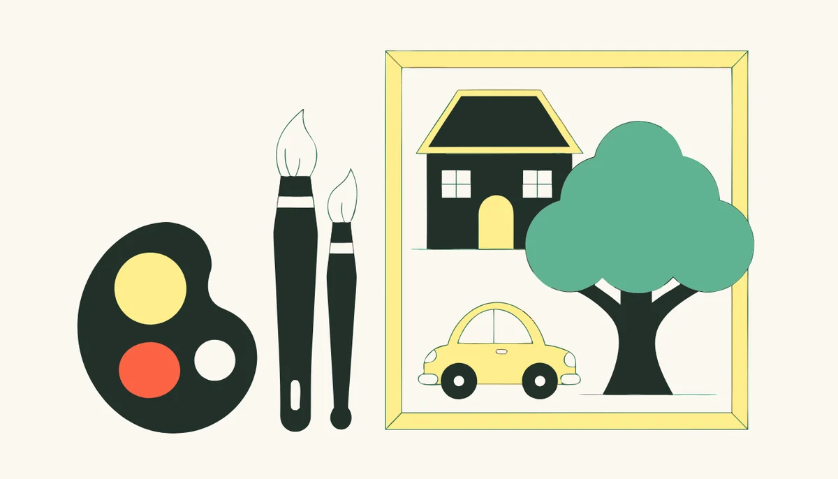 Adjektivendungen im Deutschen: die komplette Tabelle 2 Illustration: Malpalette und Pinsel neben einem Bild mit Haus, großem Baum und gelbem Auto.