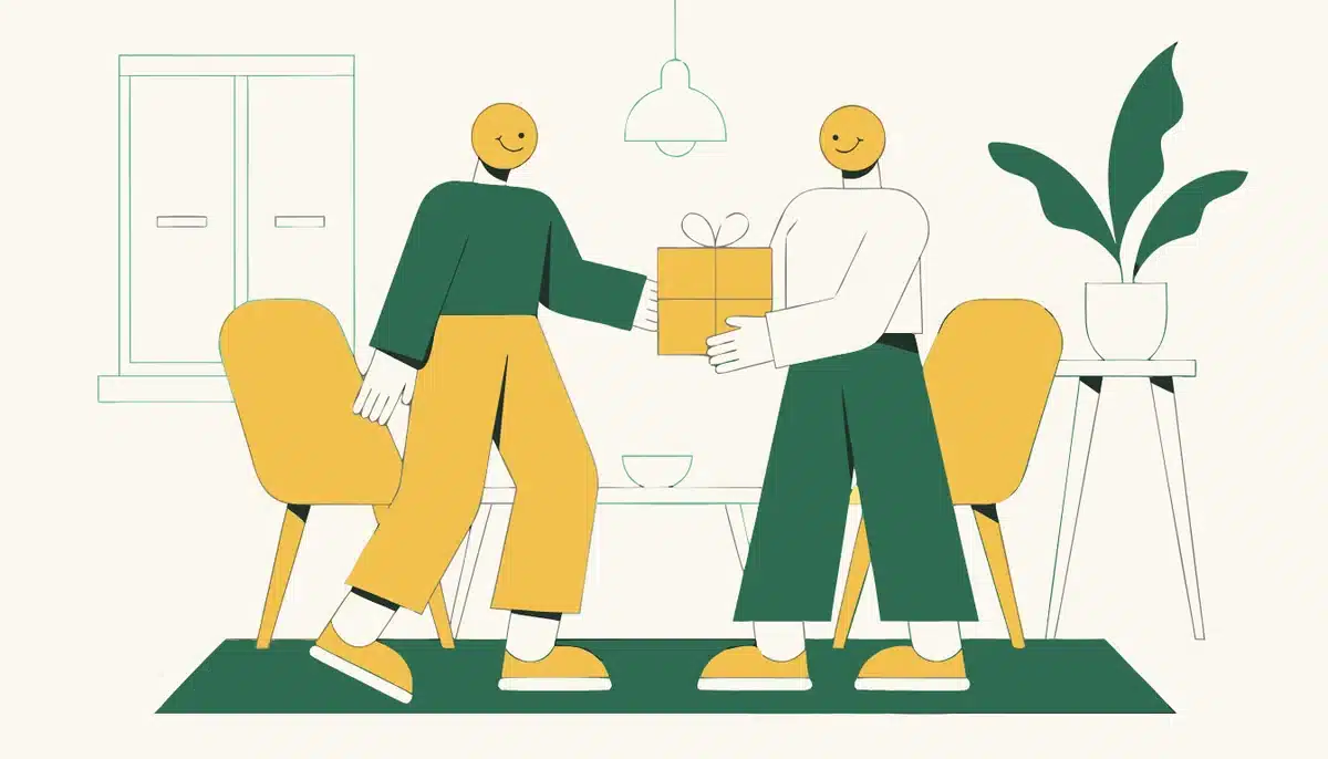 Akkusativ oder Dativ? So erkennst du den richtigen Fall 2 Illustration: Eine Person gibt einer anderen ein Geschenk.