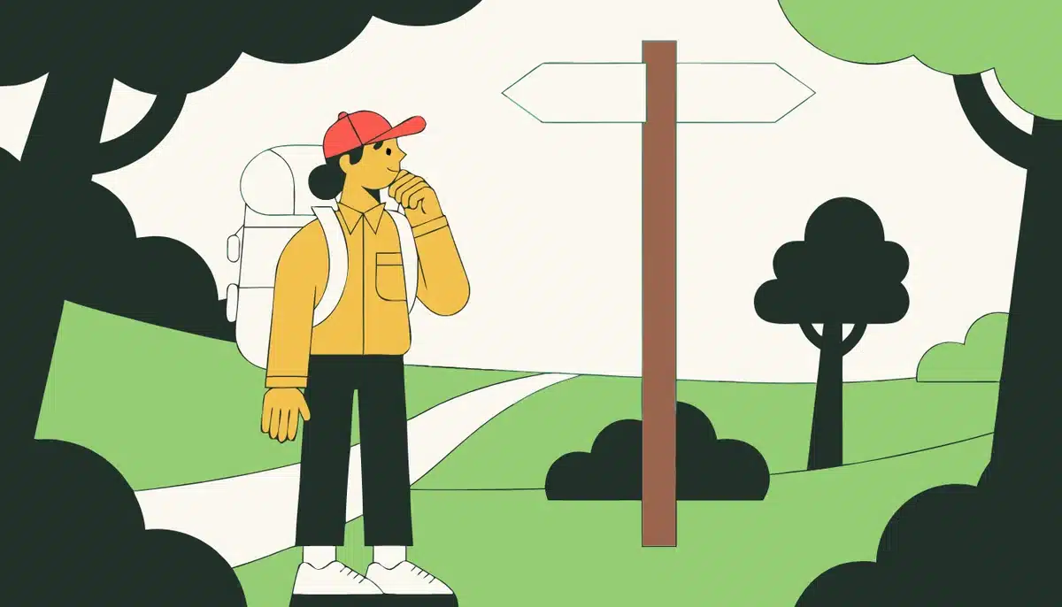 das oder dass? Der Unterschied einfach erklärt 2 Illustration: Ein Wanderer steht vor einem Wegweiser mit zwei Richtungen.