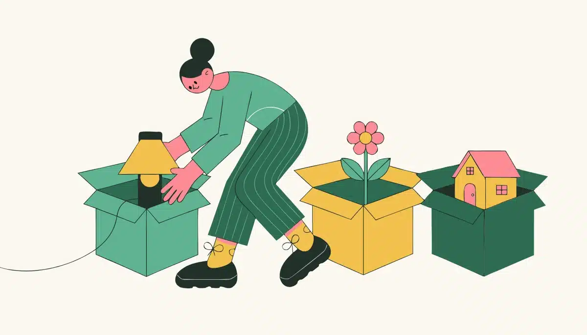 der, die oder das? Regeln und Tricks für die Artikel im Deutschen 2 Illustration: Eine Person sortiert eine Lampe, eine Blume und ein kleines Haus in drei Kisten.