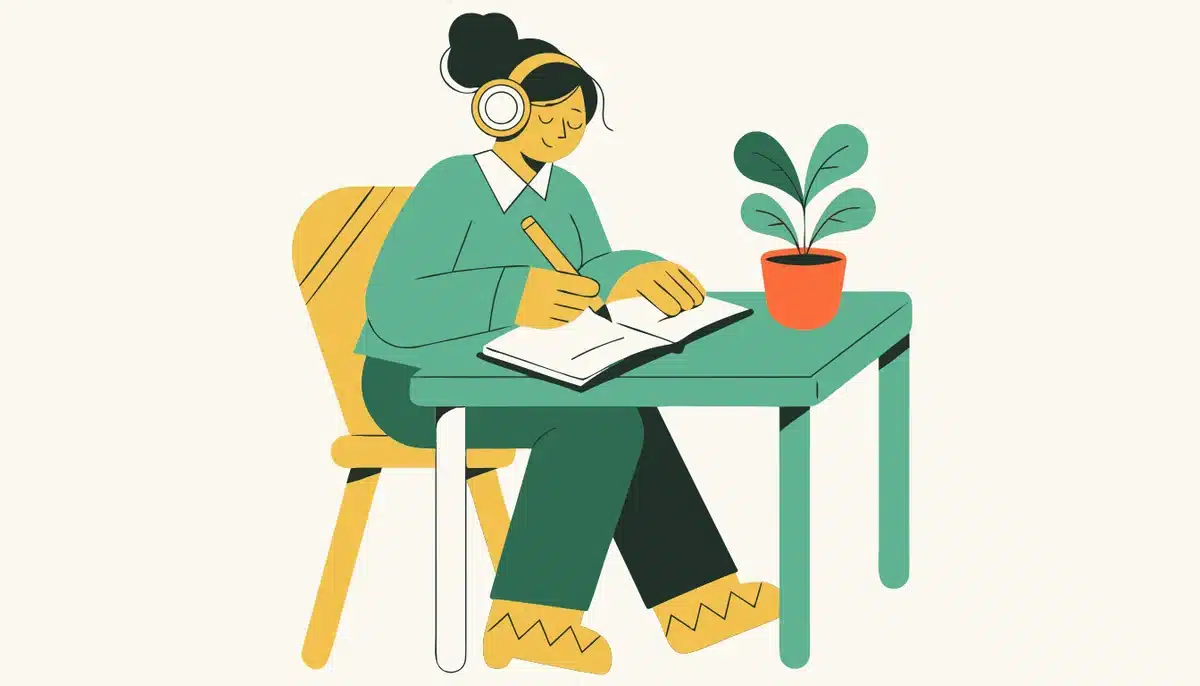 Deutsch lernen für Anfänger: Ein umfassender Leitfaden 2 Illustration: Eine Anfängerin mit Kopfhörern schreibt am Schreibtisch in ihr Heft.