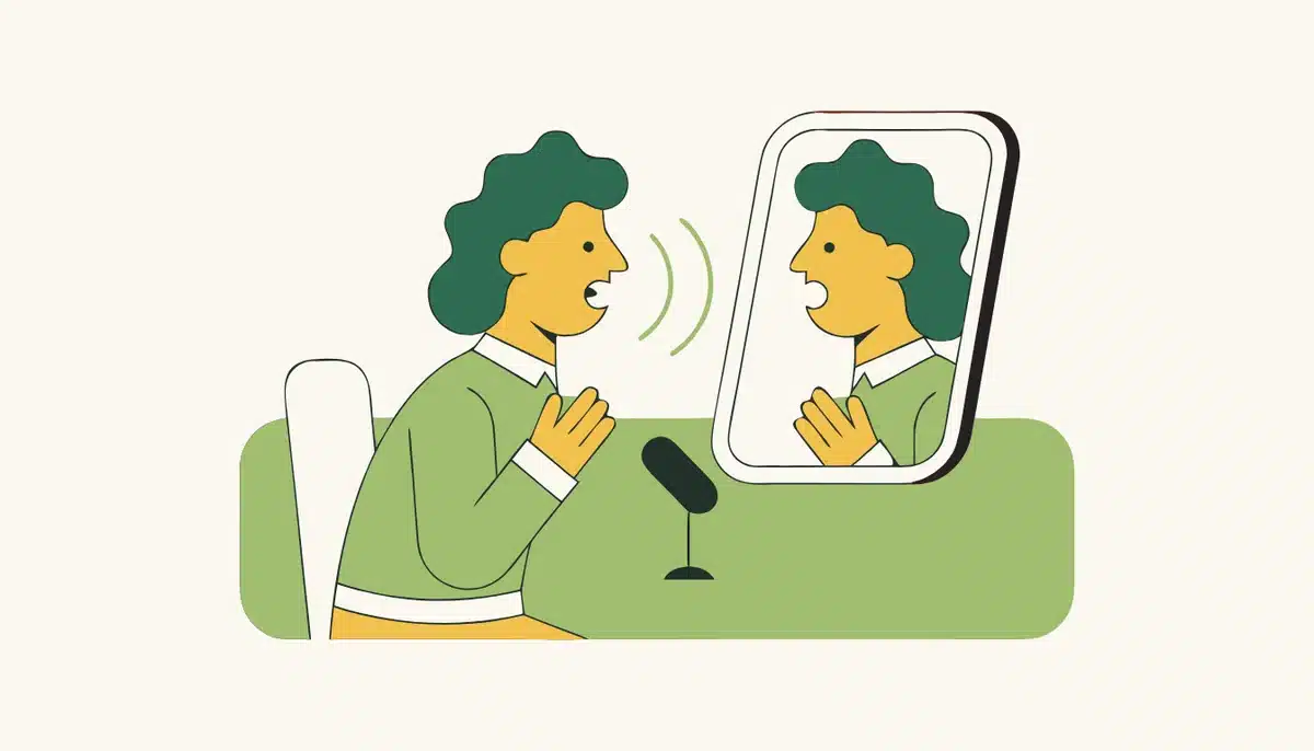 Deutsche Aussprache verbessern: Tipps und Übungen 2 Illustration: Eine Person übt vor dem Spiegel die Aussprache, daneben steht ein Mikrofon.