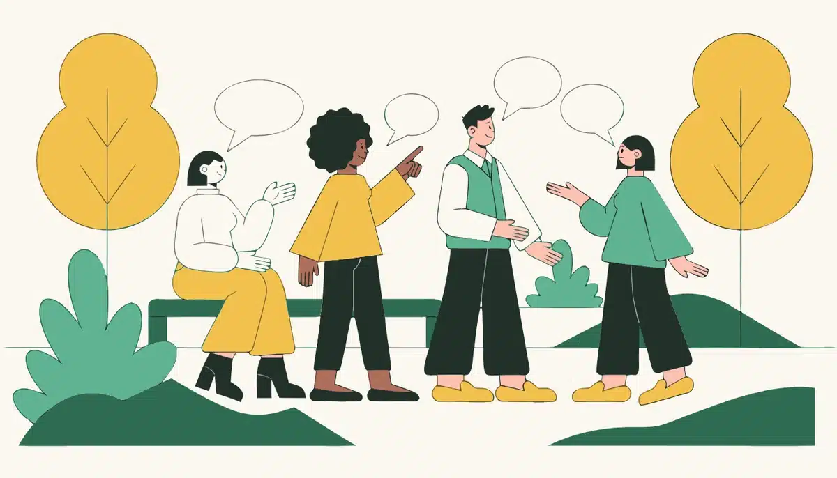 Deutsche Pronomen: alle Arten im Überblick 2 Illustration: Vier Freunde unterhalten sich im Park und zeigen aufeinander.