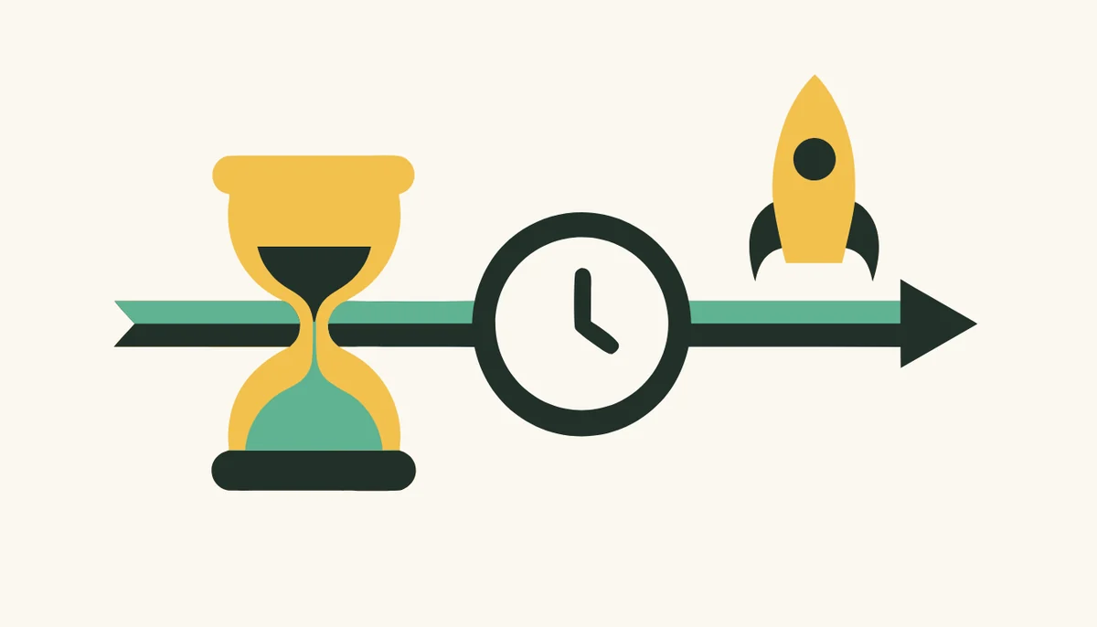 Die deutschen Zeitformen im Überblick (mit Tabelle) 2 Illustration: Ein Zeitstrahl mit Sanduhr, Uhr und Rakete für Vergangenheit, Gegenwart und Zukunft.