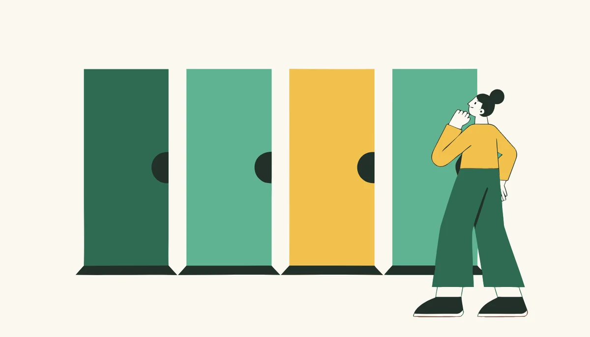 Die vier Fälle im Deutschen: Nominativ, Akkusativ, Dativ, Genitiv 2 Illustration: Eine Person steht vor vier Türen in verschiedenen Farben.