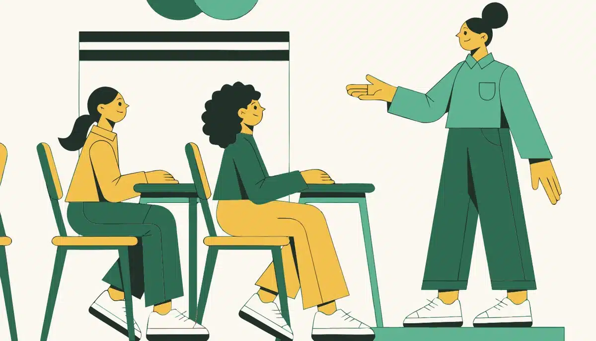 Der Imperativ: Aufforderungen und Befehle im Deutschen bilden 2 Illustration: Eine Lehrerin gibt zwei Lernenden im Kurs eine Anweisung.