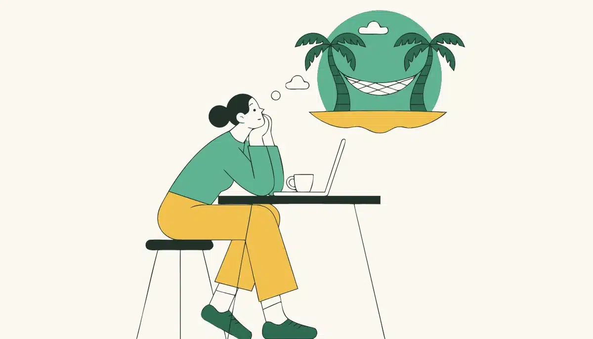 Konjunktiv II bilden und benutzen: der komplette Guide 2 Illustration: Eine Person träumt am Schreibtisch vom Urlaub am Strand.