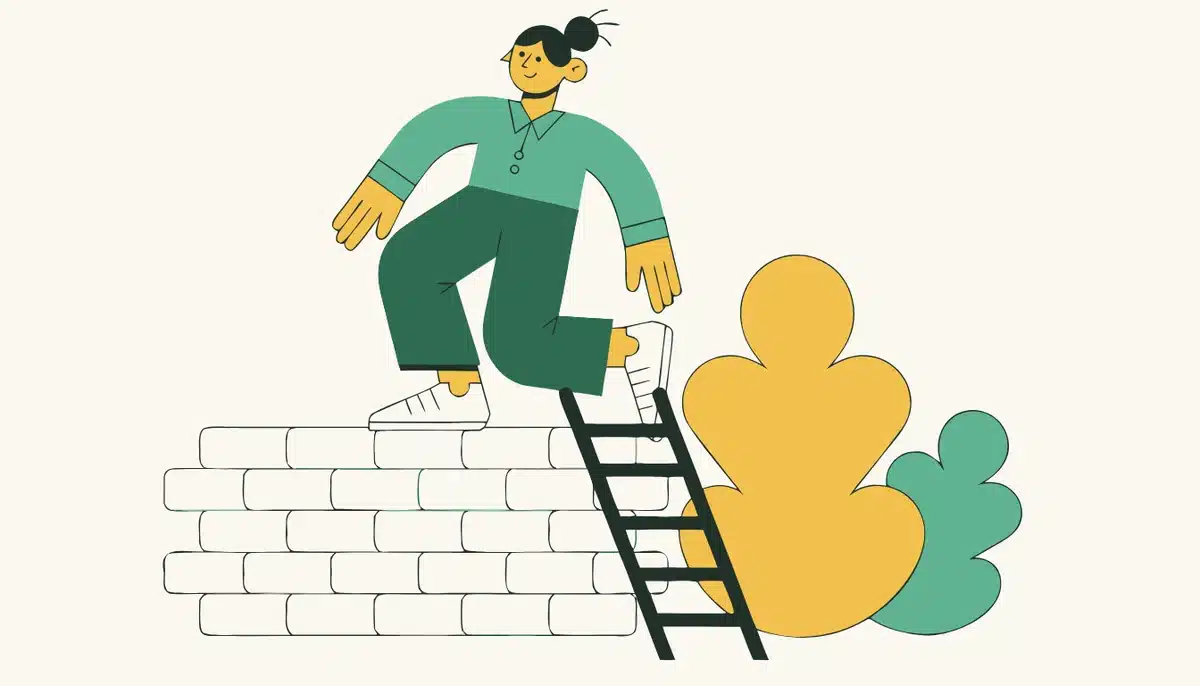 Lernblockaden überwinden 1 Illustration: Eine Lernerin klettert mit einer Leiter über eine Mauer.