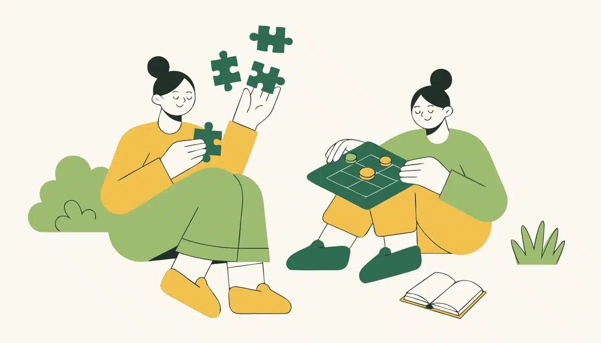 Mit Spaß und Struktur lernen 1 Illustration: Zwei Lernende puzzeln und spielen ein Brettspiel.