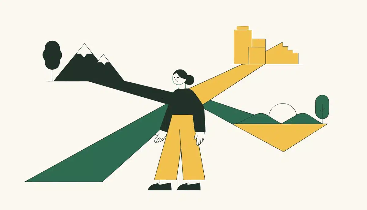 Modalverben im Deutschen: alle sechs einfach erklärt 2 Illustration: Eine Person steht an einer Kreuzung mit Wegen in die Berge, in die Stadt und ans Meer.