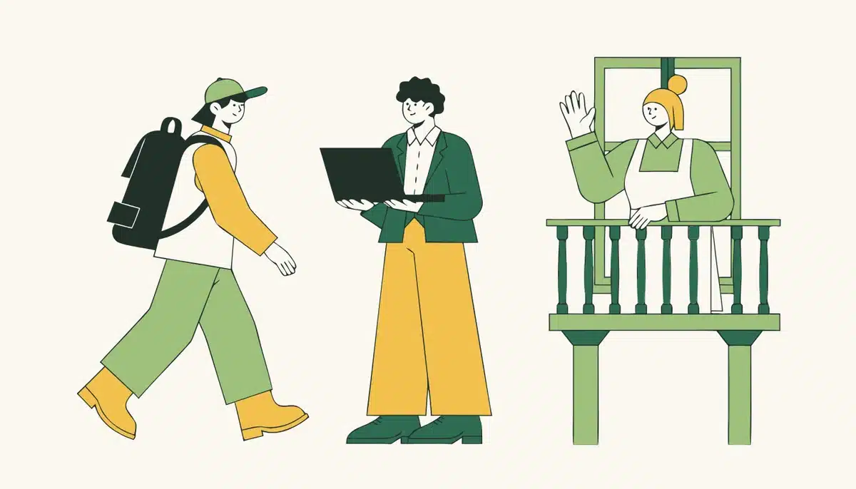 n-Deklination: Welche Nomen bekommen ein -n? 2 Illustration: Ein Student, ein Kollege und eine Nachbarin auf dem Balkon.