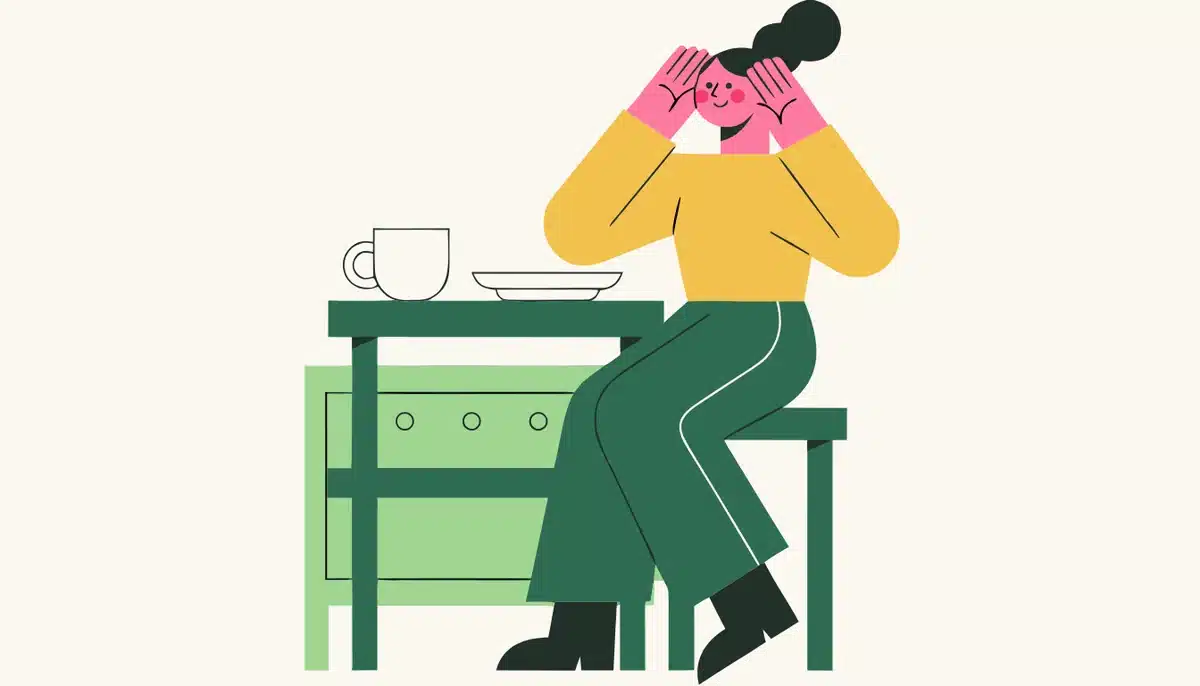 Negation im Deutschen: nicht oder kein? 2 Illustration: Eine Person schlägt die Hände vors Gesicht, vor ihr stehen eine leere Tasse und ein leerer Teller.