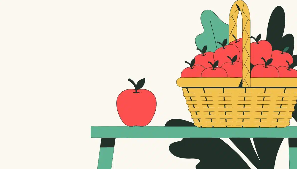 Pluralbildung im Deutschen: die fünf Endungen mit Regeln 2 Illustration: Ein einzelner Apfel neben einem Korb voller Äpfel.