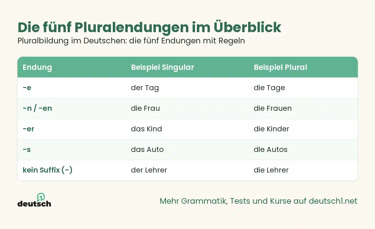 Pluralbildung im Deutschen: die fünf Endungen mit Regeln 1 Übersicht als Grafik: Die fünf Pluralendungen im Überblick (Pluralbildung im Deutschen: die fünf Endungen mit Regeln)