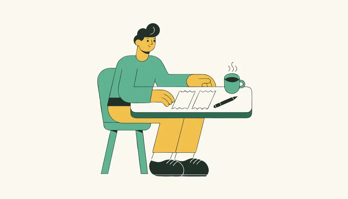 telc oder Goethe-Zertifikat: Welche Deutschprüfung passt zu dir? 2 Illustration: Ein Lerner vergleicht am Schreibtisch zwei Prüfungszertifikate.