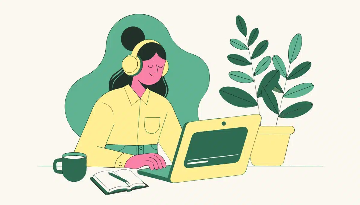 Tipps für Online-Deutschkurse 1 Illustration: Eine Lernerin mit Kopfhörern folgt einer Videolektion am Laptop.
