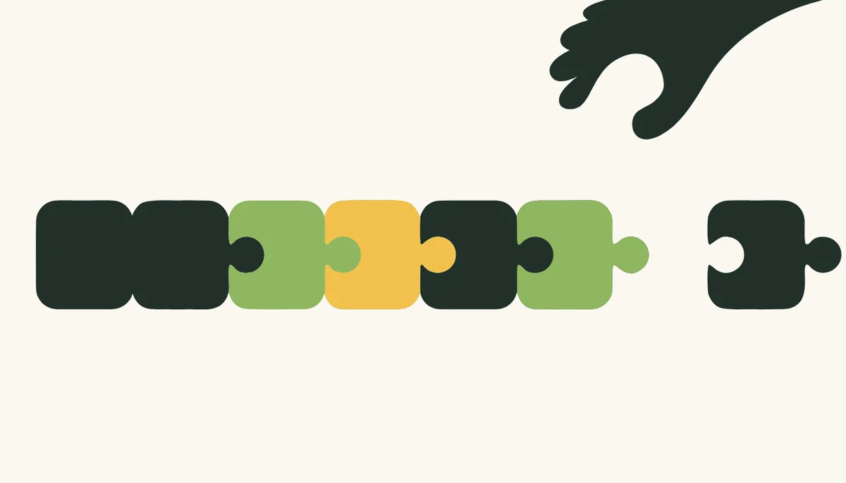 Trennbare und untrennbare Verben im Deutschen 2 Illustration: Ein Puzzleteil wird vom Anfang einer Reihe gelöst und ans Ende gesetzt.