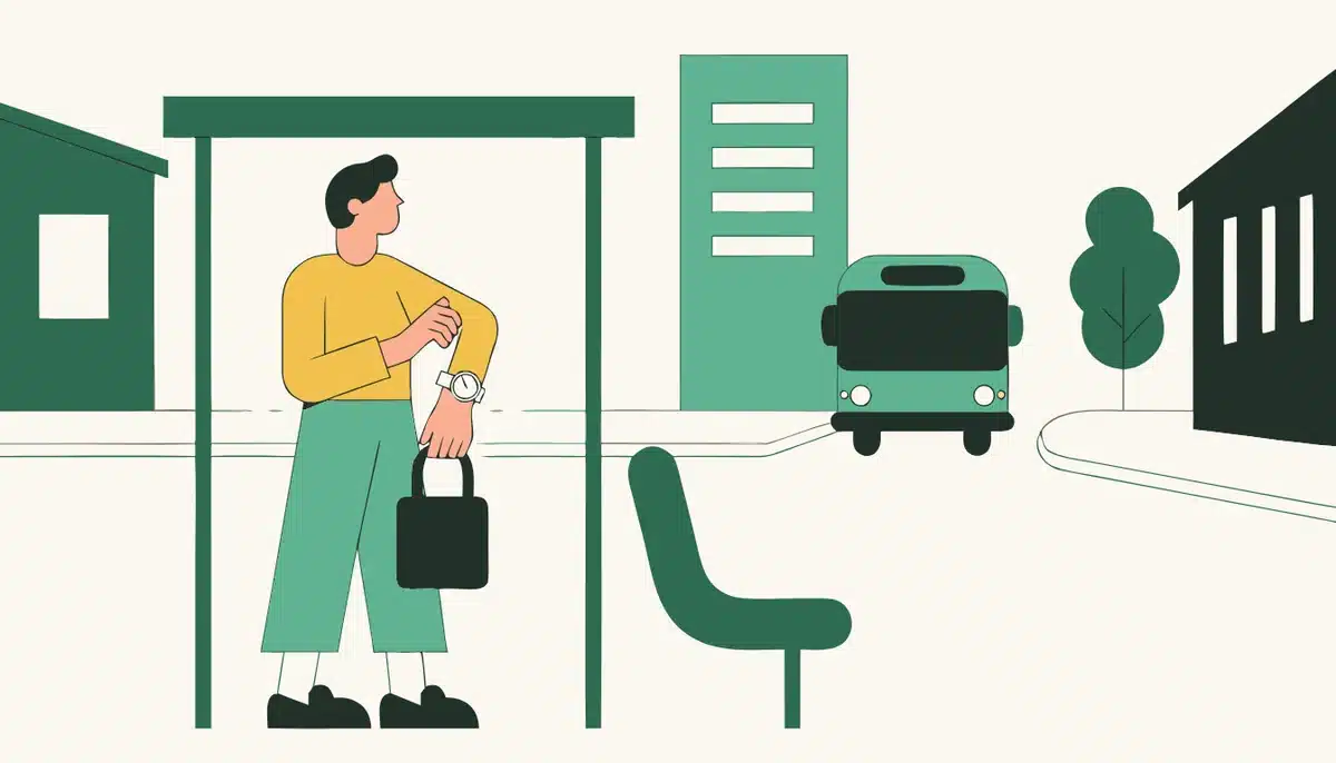 Verben mit Präpositionen: Liste, feste Verbindungen und Präpositionaladverbien 2 Illustration: Ein Mann wartet an der Haltestelle auf den Bus und schaut auf die Uhr.
