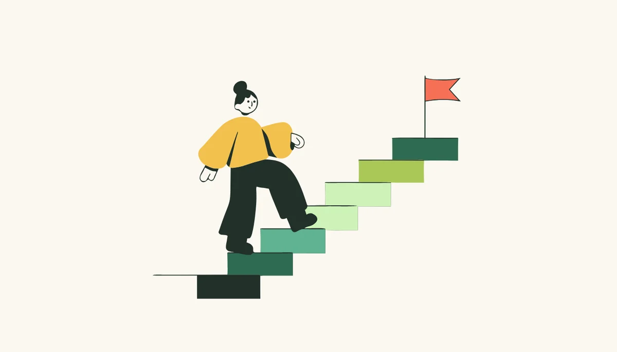 Welches Deutsch-Niveau brauche ich? Studium, Job und Einbürgerung im Überblick 2 Illustration: Eine Lernerin steigt eine Treppe mit sechs Stufen hinauf, oben weht eine Fahne.