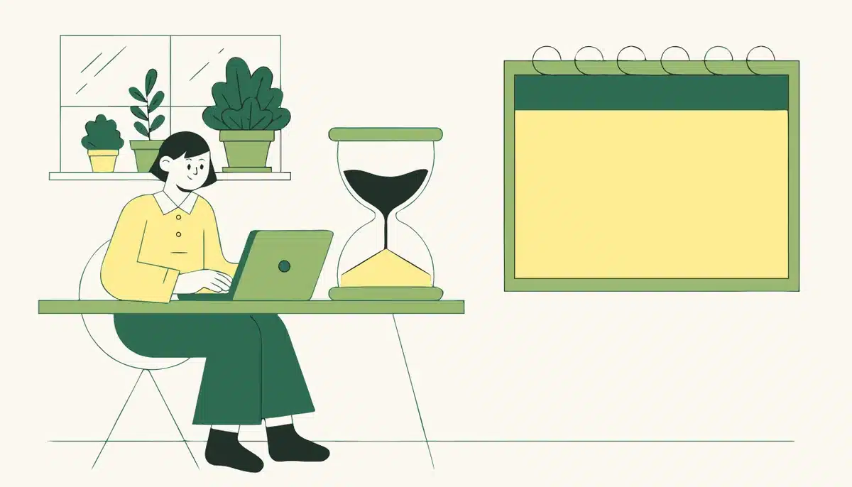 Wie lange dauert es, Deutsch zu lernen? Richtwerte für A1 bis C1 2 Illustration: Eine Lernerin am Laptop, daneben eine Sanduhr und ein Kalender.