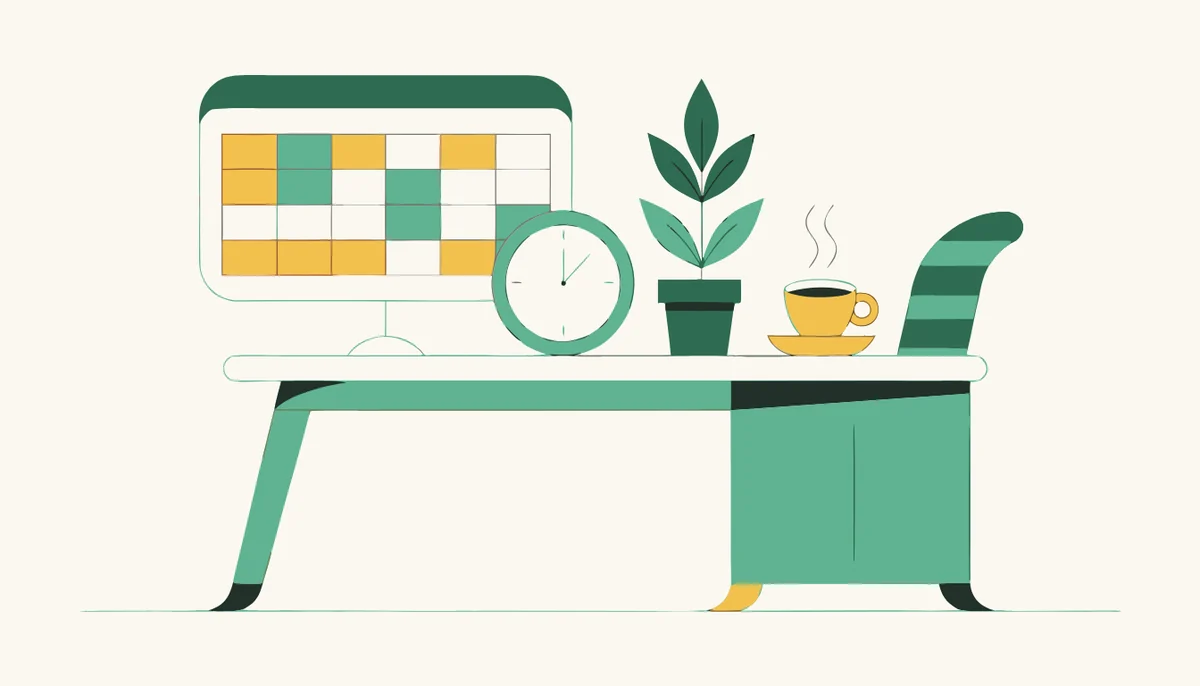 Zeitmanagement fürs Sprachenlernen 1 Illustration: Ein Schreibtisch mit Wochenplan, Uhr und einer Tasse Tee.